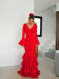 Robe Flamenca à Volants – Rouge | Manches Longues & Col en V
