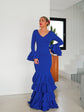 Robe Flamenca à Volants – Bleu | Manches Longues & Col en V