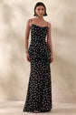 Rebecca | Robe longue sirène noire et blanche à pois avec encolure drapée et fente