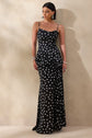 Rebecca | Robe longue sirène noire et blanche à pois avec encolure drapée et fente
