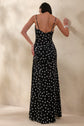 Rebecca | Robe longue sirène noire et blanche à pois avec encolure drapée et fente