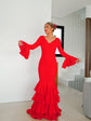 Robe Flamenca à Volants – Rouge | Manches Longues & Col en V