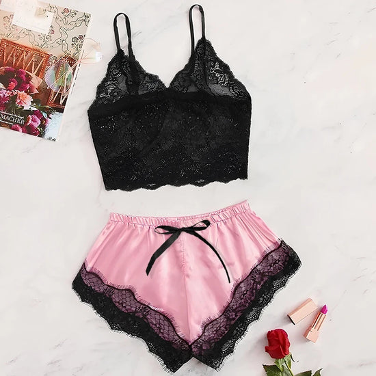 Ensemble Pyjama Dentelle – Caraco & Short  Noir & Rose