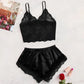 Ensemble Pyjama Dentelle – Caraco & Short  Noir & Rose