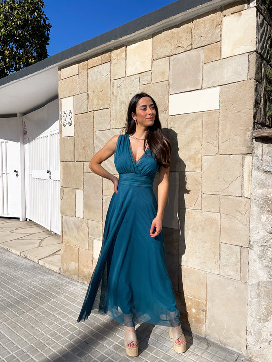 Robe Longue en Tulle – Col V Croisé & Nœud | Bleu Pétrole
