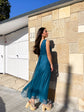 Robe Longue en Tulle – Col V Croisé & Nœud | Bleu Pétrole