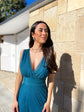 Robe Longue en Tulle – Col V Croisé & Nœud | Bleu Pétrole