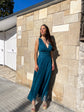 Robe Longue en Tulle – Col V Croisé & Nœud | Bleu Pétrole