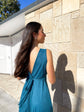Robe Longue en Tulle – Col V Croisé & Nœud | Bleu Pétrole