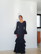 Robe Flamenca à Volants – Bleu Marine | Manches Longues & Col en V